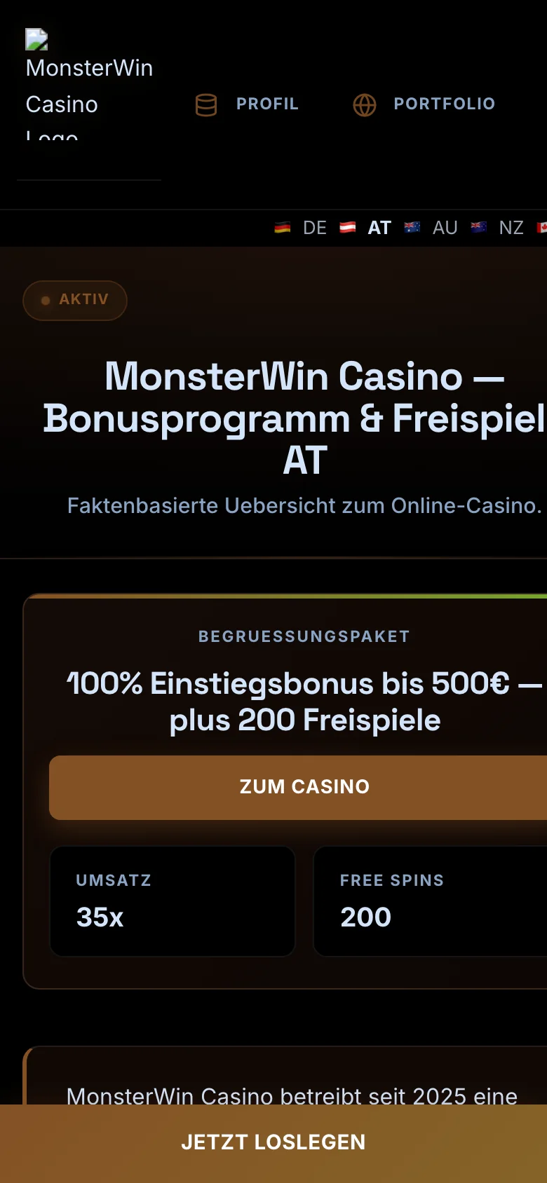 MonsterWin Casino mobile lobby screenshot
