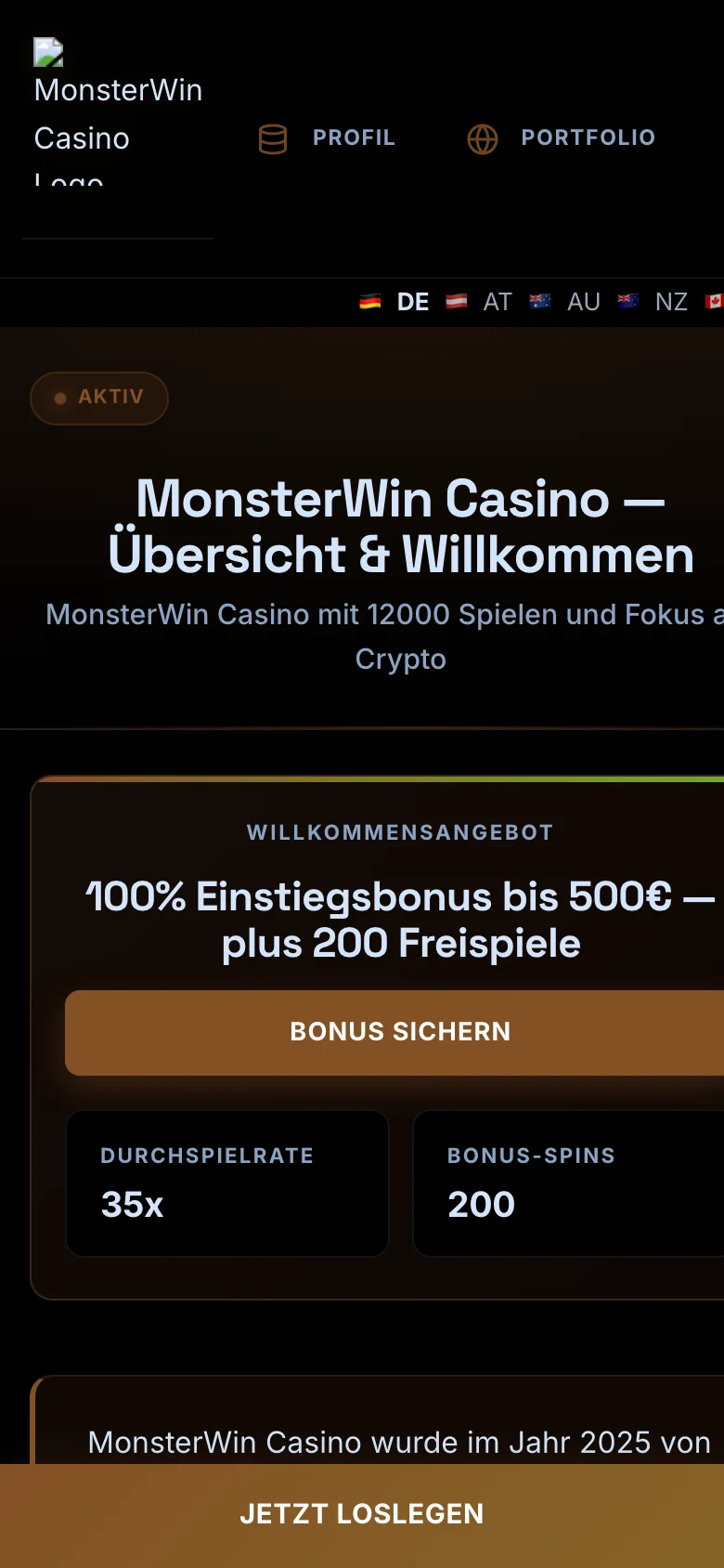 MonsterWin Casino mobile lobby screenshot