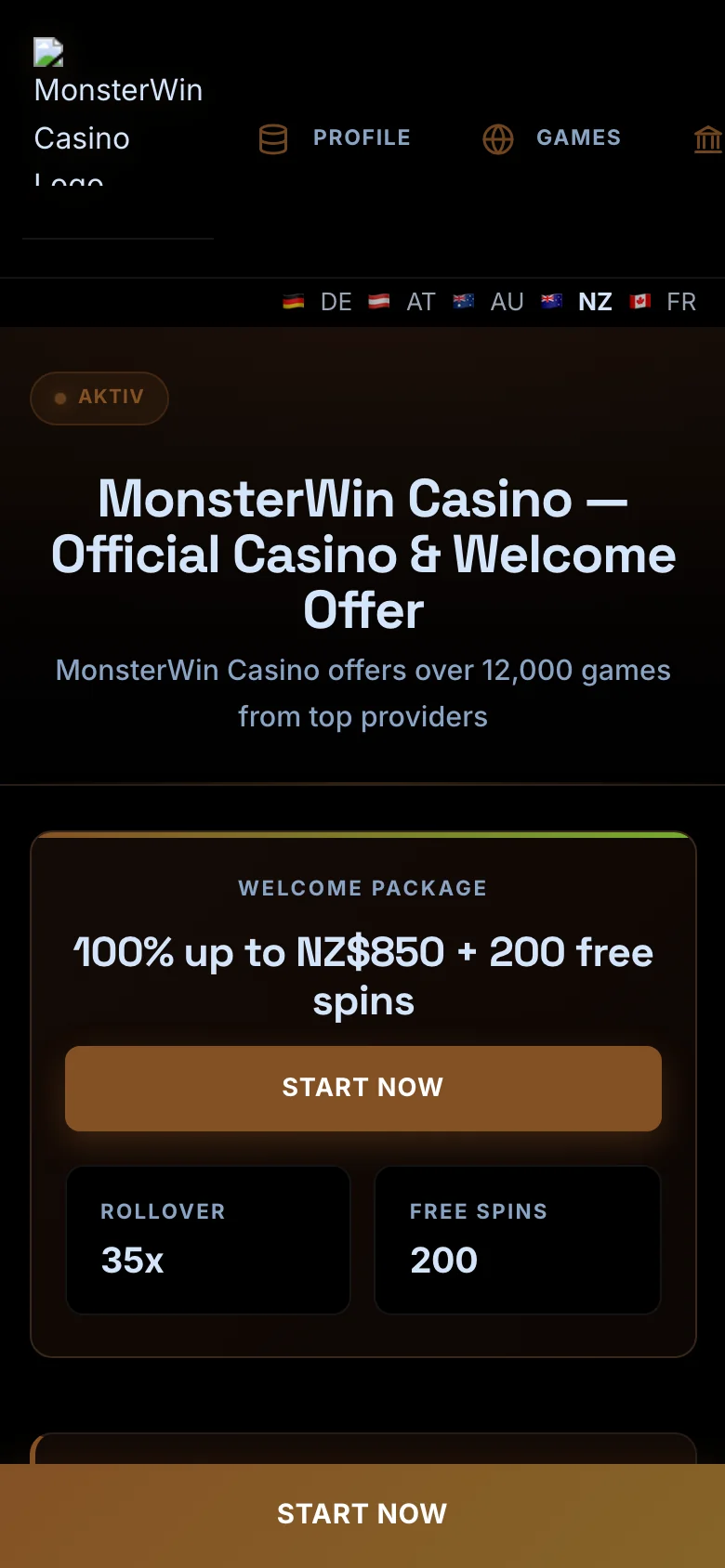 MonsterWin Casino mobile lobby screenshot