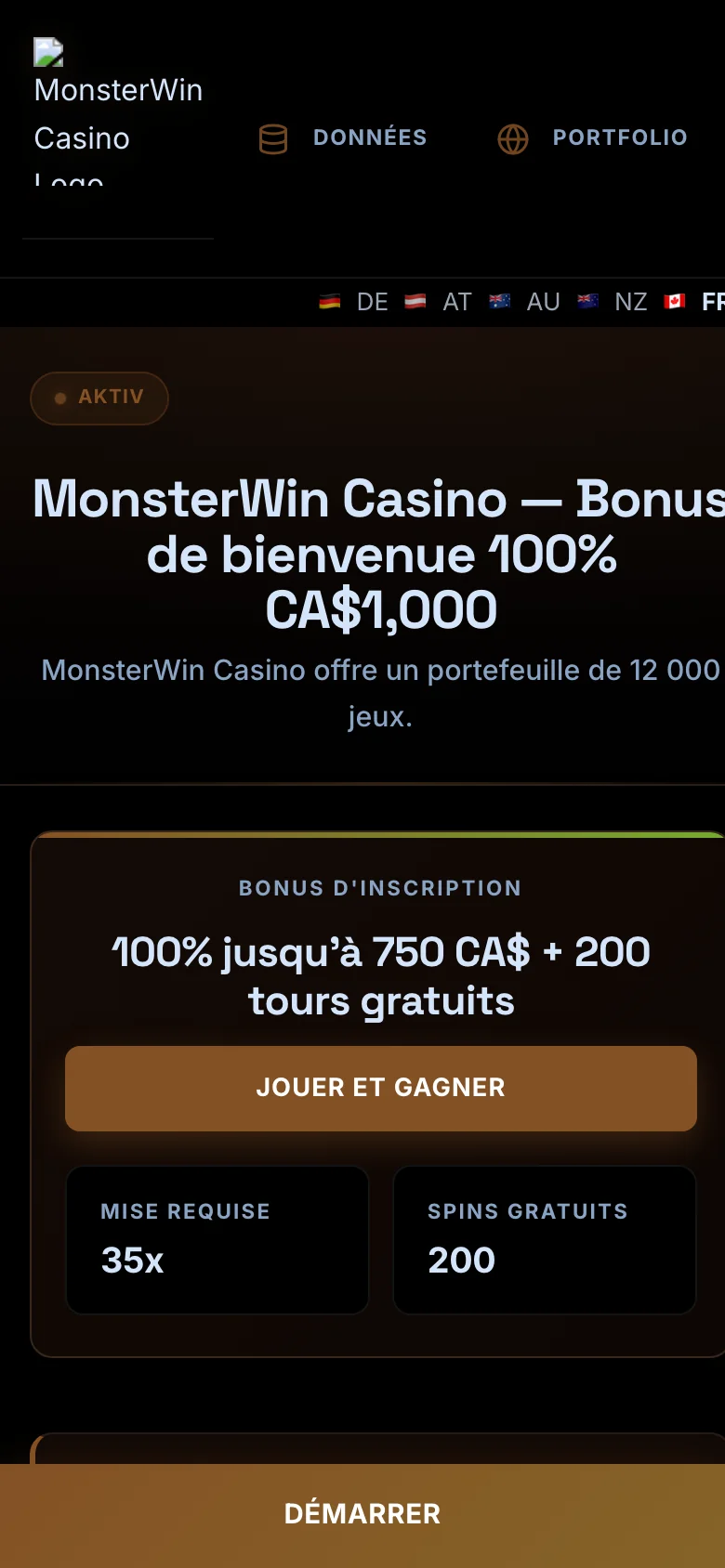 MonsterWin Casino mobile lobby screenshot